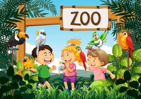 Niños jugando con pájaros loro en la escena del zoológico. vector