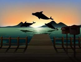 delfines en la naturaleza escena silueta vector