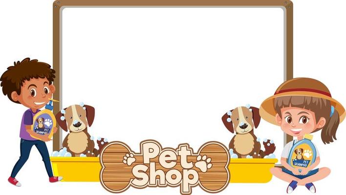 Blank banners with kid and cute dog and pet shop logo isolated on white background