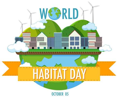 World Habitat Day 5 October icon logo with towns or city on globe