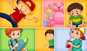 Conjunto de diferentes personajes infantiles sobre fondo de color diferente vector