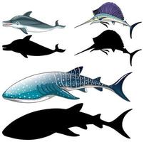 Set of fish characters and its silhouette on white background vector