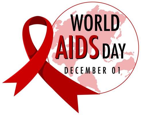 World AIDS Day logo or banner with red ribbon on world map bcakground