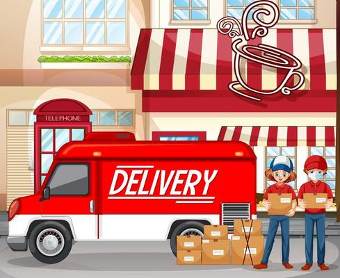 Fast and free delivery logo with delivery van or truck at the coffee shop