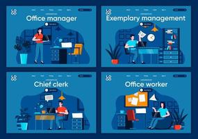 Office management, flat landing pages set vector