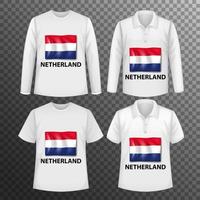 Conjunto de diferentes camisas masculinas con pantalla de bandera de Holanda en camisas aisladas vector