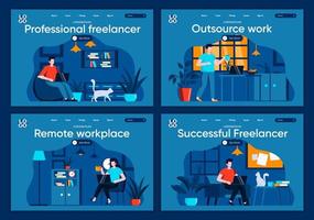 Outsource work, flat landing pages set vector