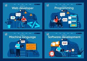 desarrollo de software, conjunto de páginas de destino planas vector