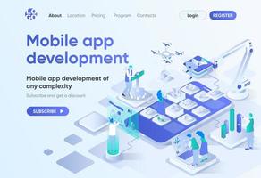 Mobile app development, isometric landing page vector