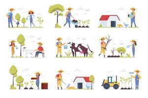 Paquete de escenas de agricultores con personajes de personas. vector