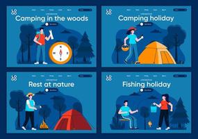 Camping in the woods, flat landing pages set vector