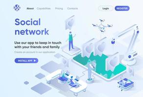 página de inicio isométrica de la red social vector