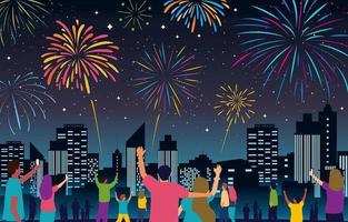 People Celebrating New Year with Fireworks vector