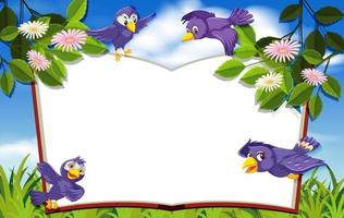 Happy purple birds in nature background book frame vector