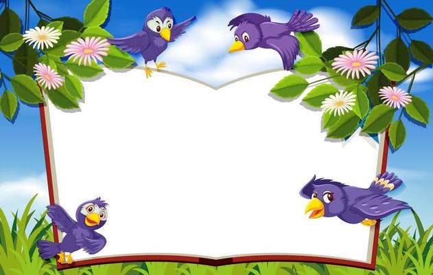 Happy purple birds in nature background book frame