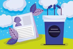 Speaking podium with microphones outdoors vector