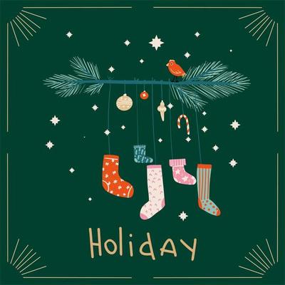Hand drawn stockings hanging from branch with bird