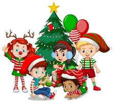 Los niños usan traje de Navidad personaje de dibujos animados con árbol de Navidad sobre fondo blanco. vector