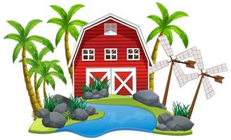 Scene with red barn and windmills on white background vector