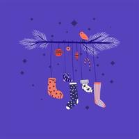 Hand drawn stockings hanging from branch with bird vector