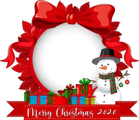 Red ribbon frame with Merry Christmas 2020 font logo and snowman cartoon character