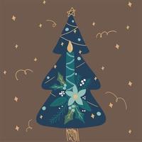 Hand drawn decorative blue Christmas tree with candle