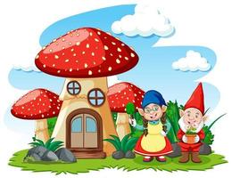 Gnomes and mushroom house cartoon style on white background vector