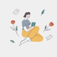Girl reading book with flowers and papers vector