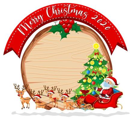 Blank wooden board with Merry Christmas 2020 font logo and Santa Claus on sleigh and his reindeers