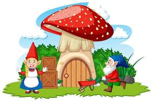 Gnomes and mushroom house cartoon style on white background vector