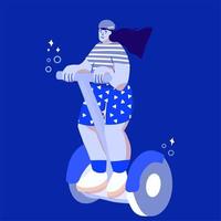 Girl on scooter, eco transport composition in blue tones vector