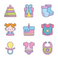 baby shower ropa juguetes accesorios colección de iconos vector