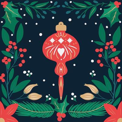 Retro hand drawn Christmas ornament and foliage