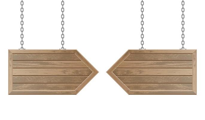 Wooden arrow boards hanging from steel chains