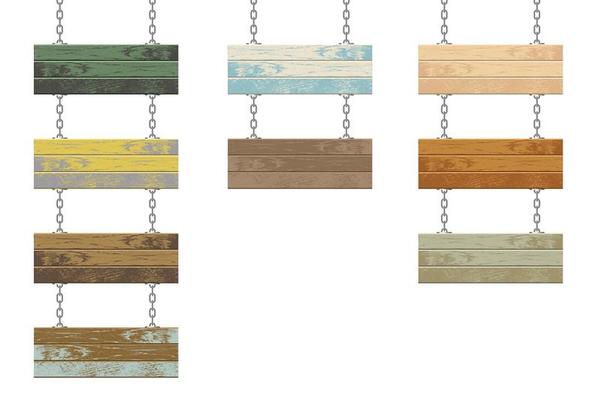 Different colored wooden boards with steel chains