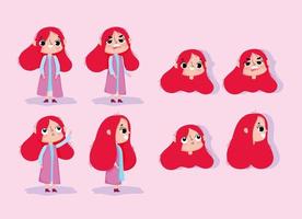 Cartoon animation girl character faces and bodies vector