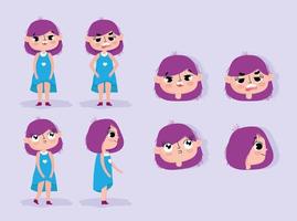 Cartoon animation girl character faces and bodies vector