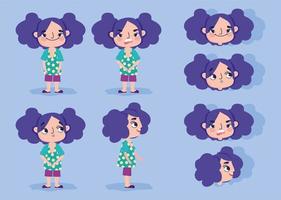 Cartoon animation girl character faces and bodies vector