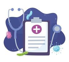 Stethoscope and medical clipboard with viruses and bacterias vector