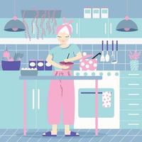 A woman in her kitchen cooking, with food. vector