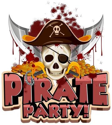 Font design for word pirate party with skull and swords