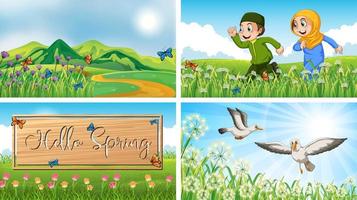 Nature scene backgrounds with children and birds in the park vector