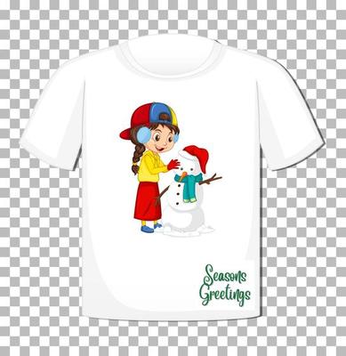 Cute girl playing with snowman cartoon character on t-shirt on transparent background