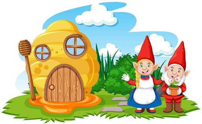 Gnomes and honeycomb house in the garden cartoon style on sky background