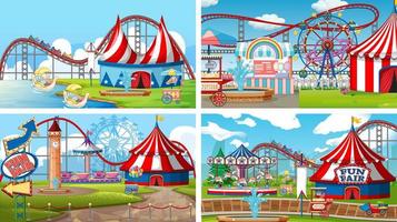 Four scenes with many rides in the fun fair vector