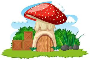 Mushroom house and some grass cartoon style on white background vector