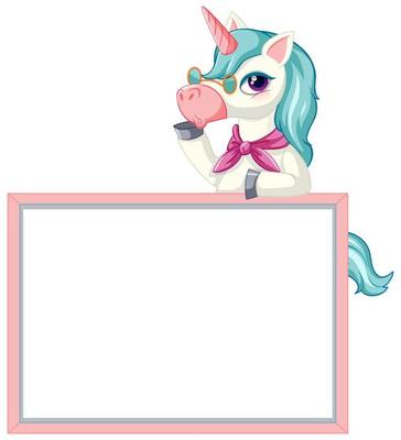 Cute unicorn with blank banner sign on white background