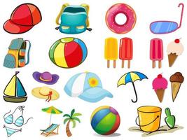 Large set of different summer objects on white background vector