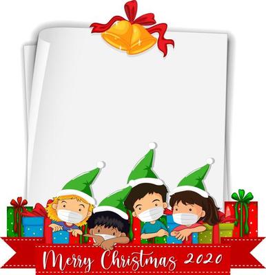 Blank paper with Merry Christmas 2020 font logo and kids wear mask