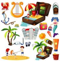 Set of summer beach icon and kids cartoon style on white background vector